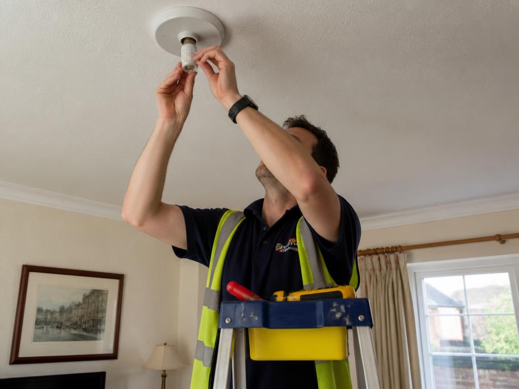Engineer on a step ladder replacing an LED bulb in a ceiling light