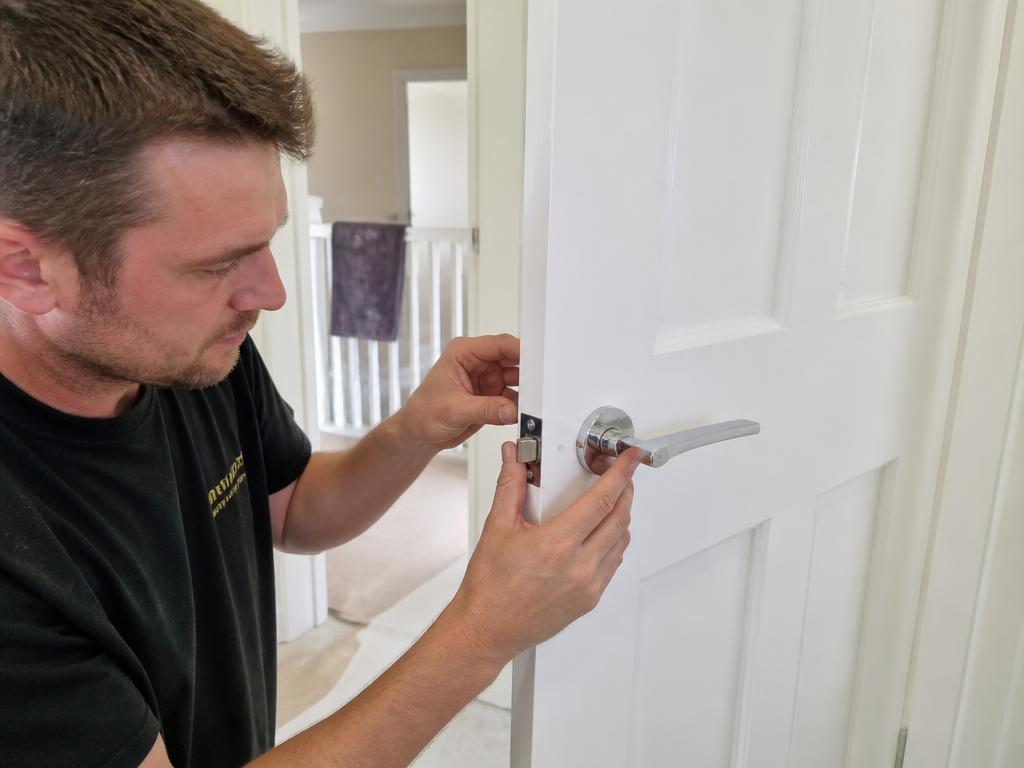 Carpenter fitting a new lock and handle set to an internal door