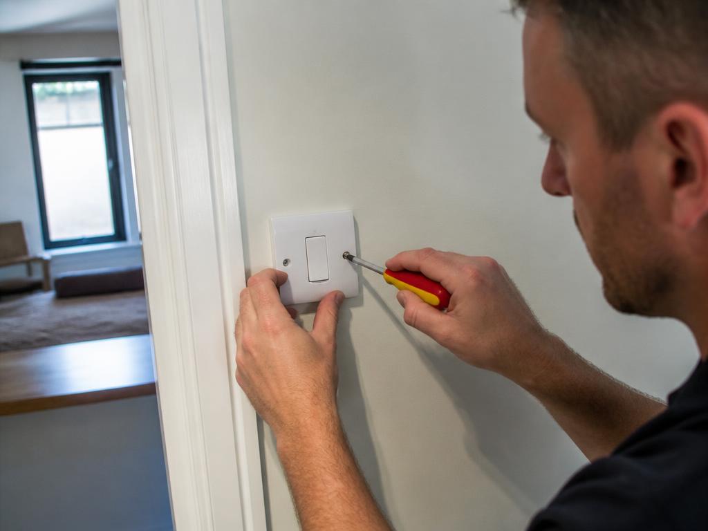 Electrician replacing a white light switch faceplate on a wall