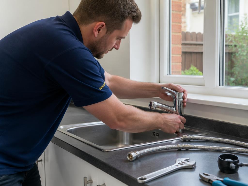 Plumber fitting a new chrome mixer tap to a kitchen sink