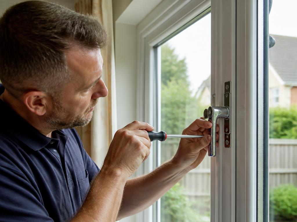 Engineer fitting a new chrome window handle to a white uPVC window